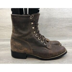 Justin  Women's Brown Leather 5.5‎ Lace Up Round Toe Ankle Boot Western Vintage
